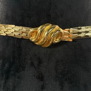 Vintage 80s Gold-Tone Stretch Scale Belt Sculptural Swirl Buckle Women's M–L
